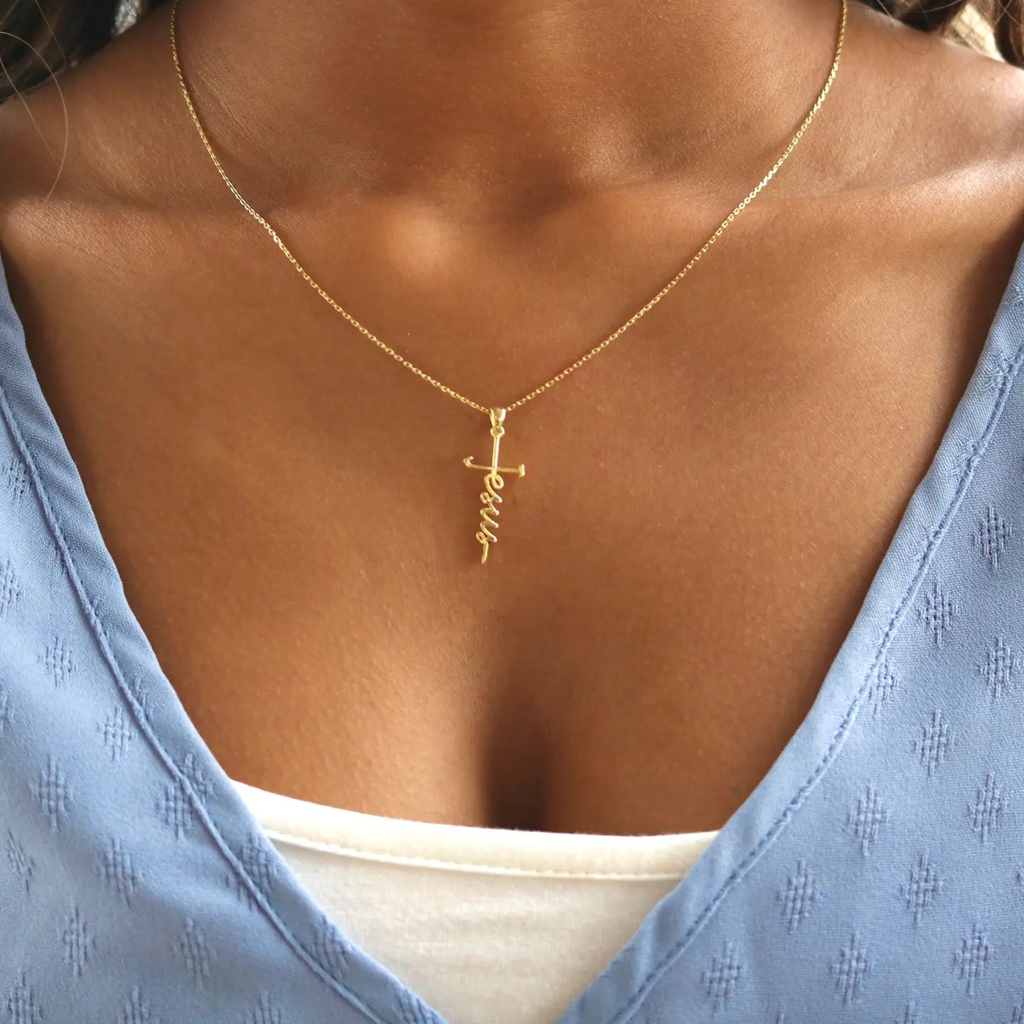 Sterling Silver "Jesus" Cursive Cross Necklace